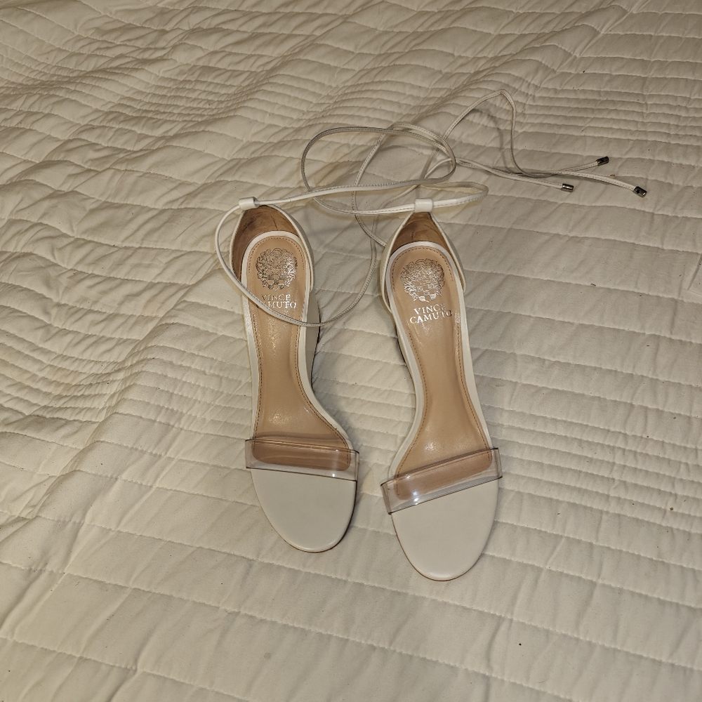 Vince Camuto White Ankle-Tie Heels with Clear Strap